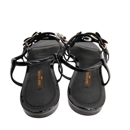 Louis Vuitton Black Patent Leather Flower Sling-Back Sandals - Size 35