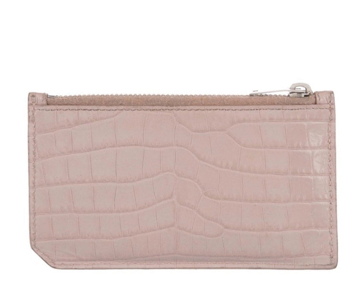 Saint Laurent Pink Croc-Embossed Fragments Zip Card Holder YSL