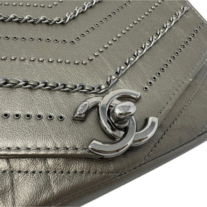 Chanel Metallic Grey Square Mini Flap Bag Chevron Quilted Leather