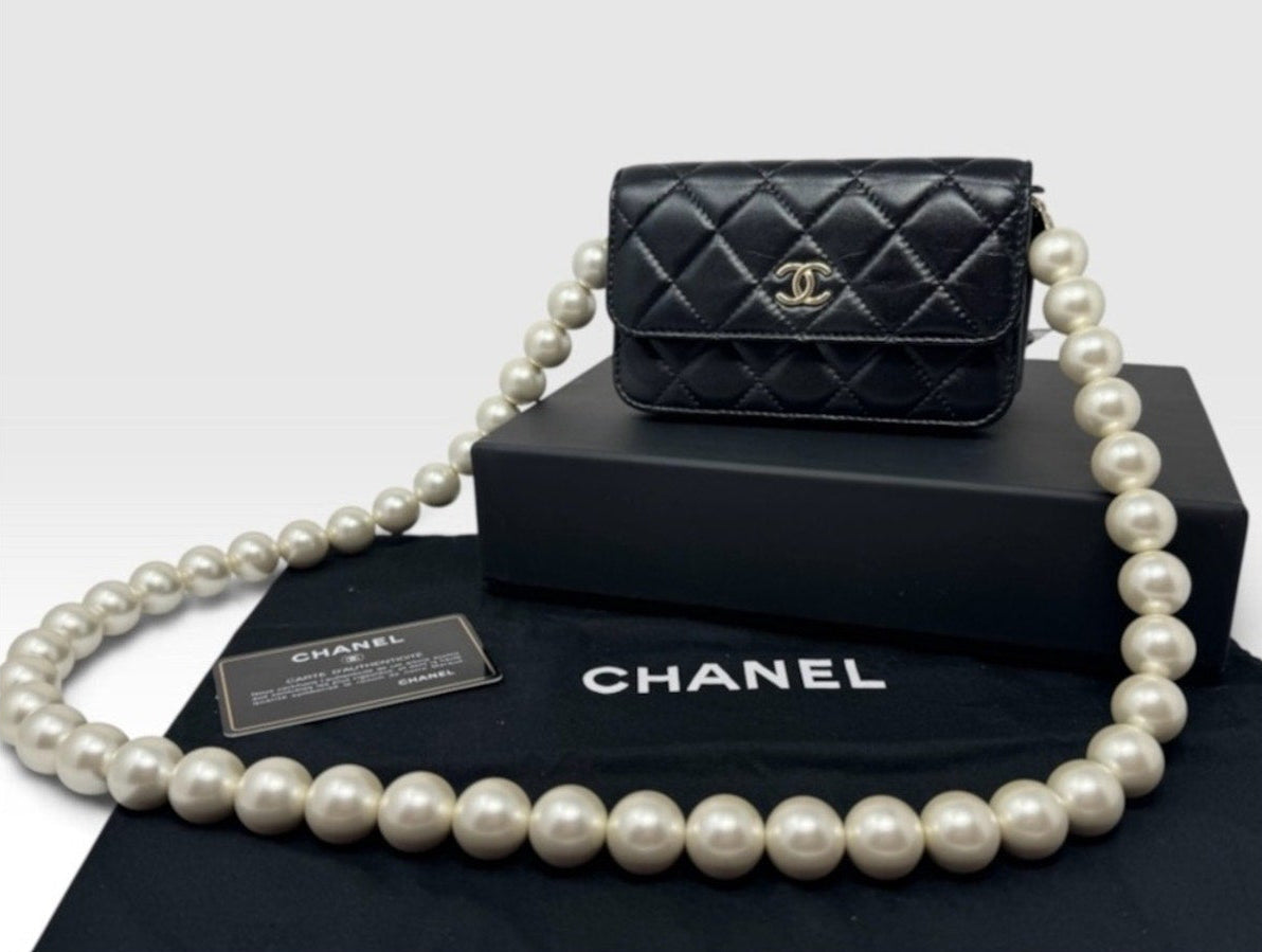Chanel Black Quilted Lambskin Maxi Pearls Mini Crossbody
