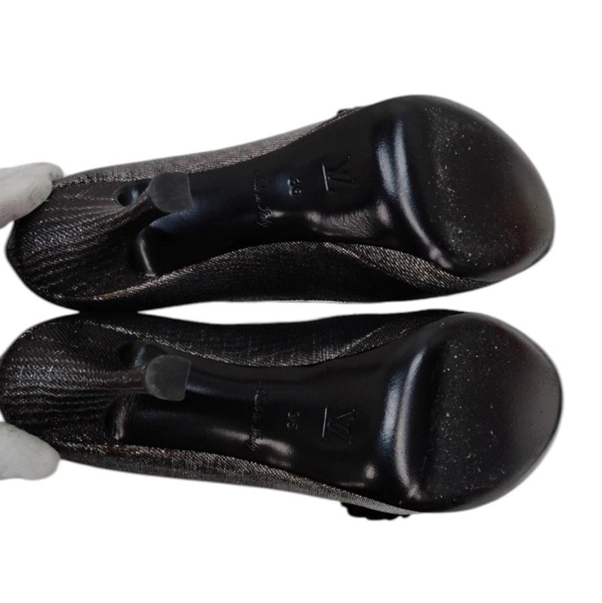 Louis Vuitton Silver and Black Floral Peep-Toe Pumps - Size 36