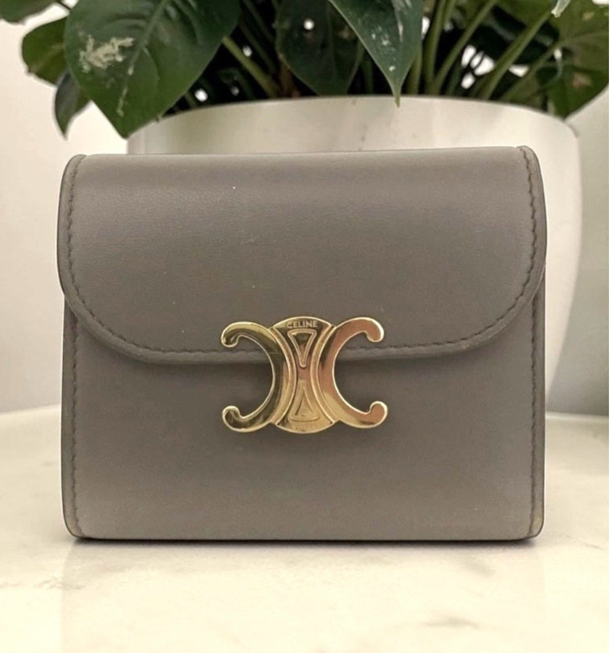 Celine Grey/Brown Leather Small Triomphe Wallet