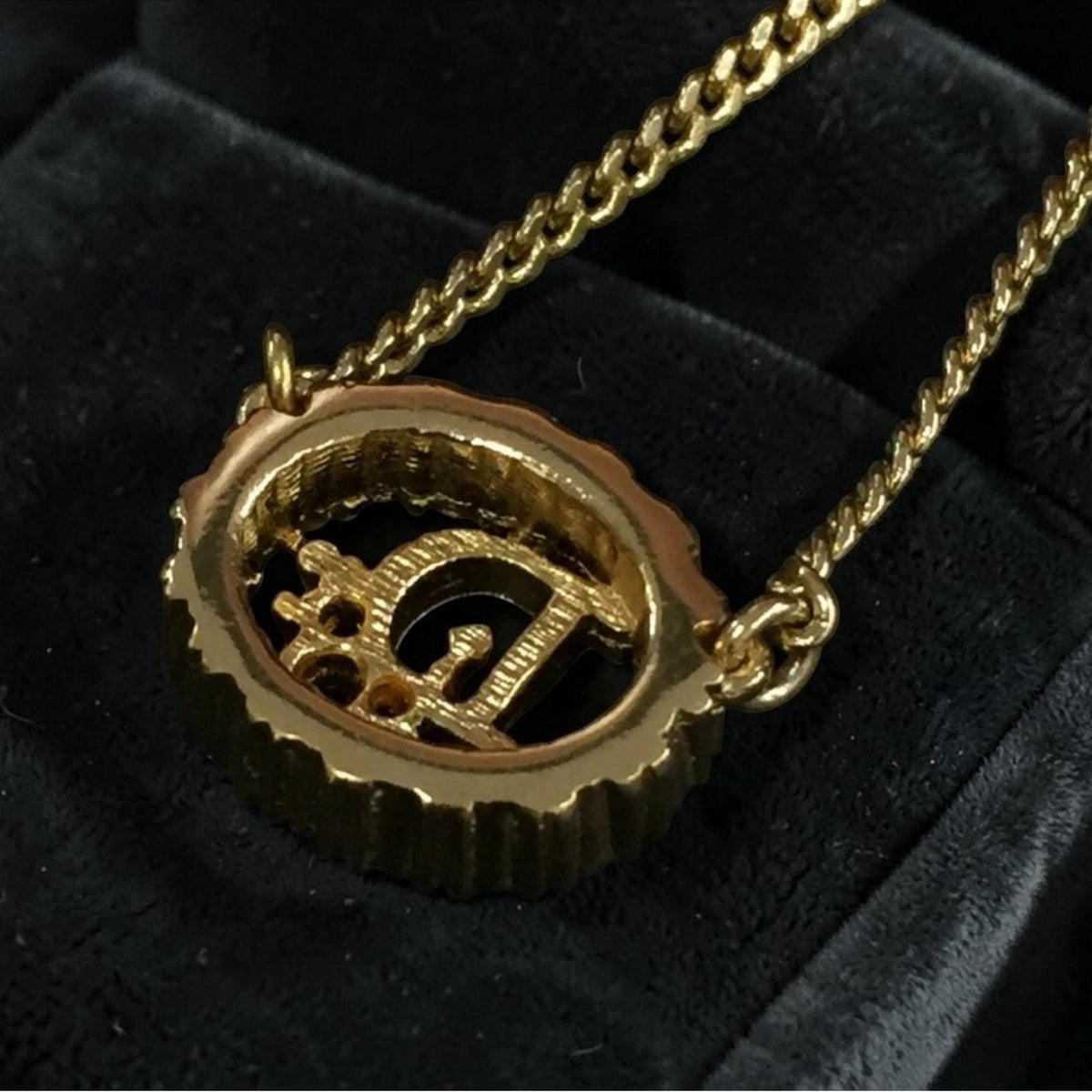 Christian Dior Gold-Tone and Rhinestone Circular Logo Necklace