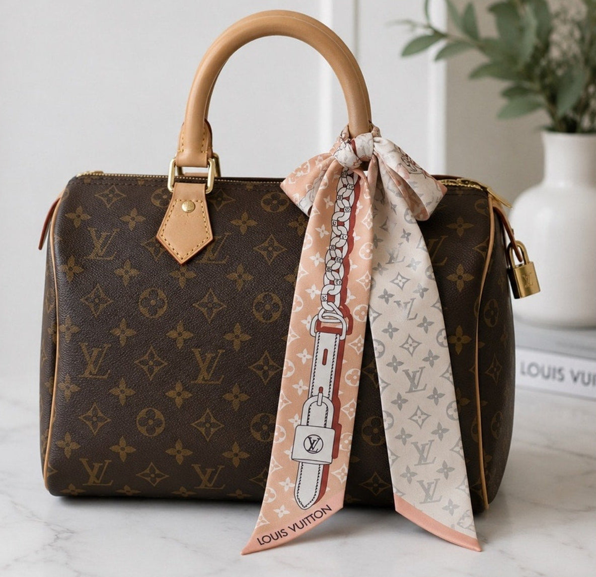 Louis Vuitton Pink, White, & Grey Silk Ultimate Monogram Bandeau BB Twilly