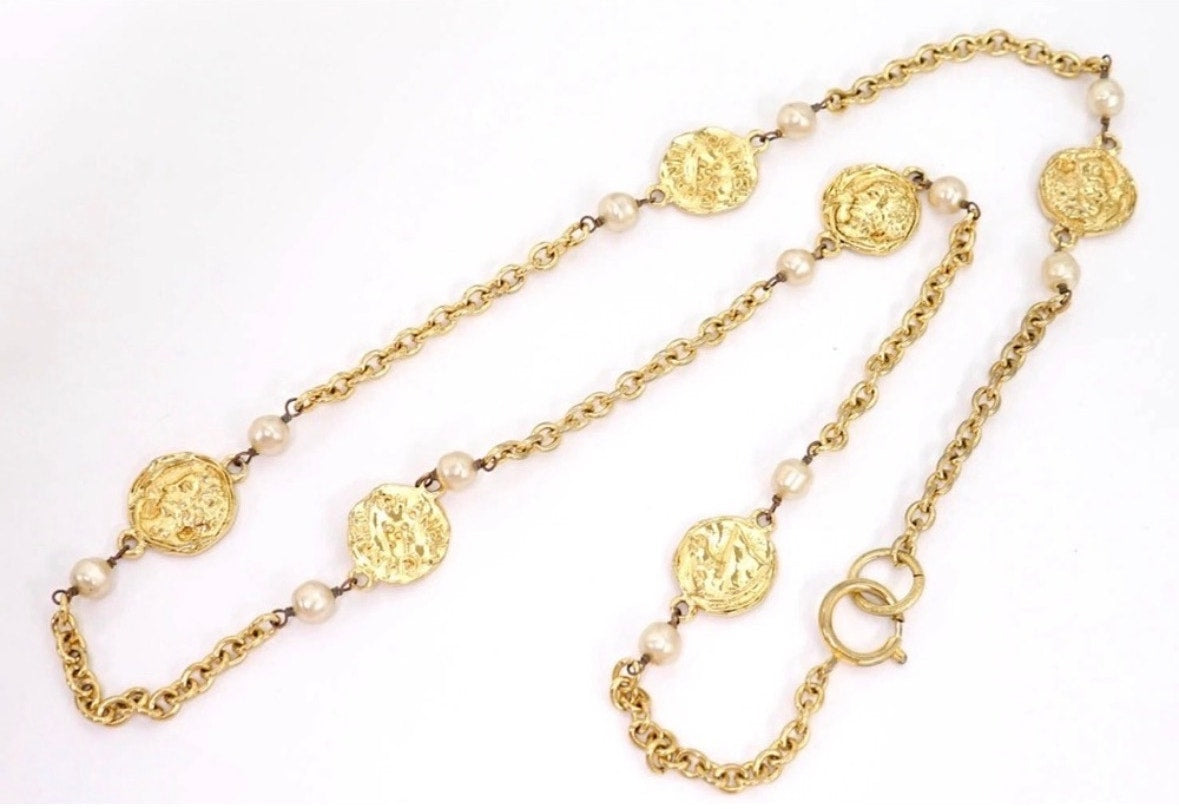 Chanel Vintage Gold-Plated Coin Medallion & Faux Pearl Necklace