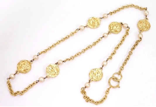 Chanel Vintage Gold-Plated Coin Medallion & Faux Pearl Necklace