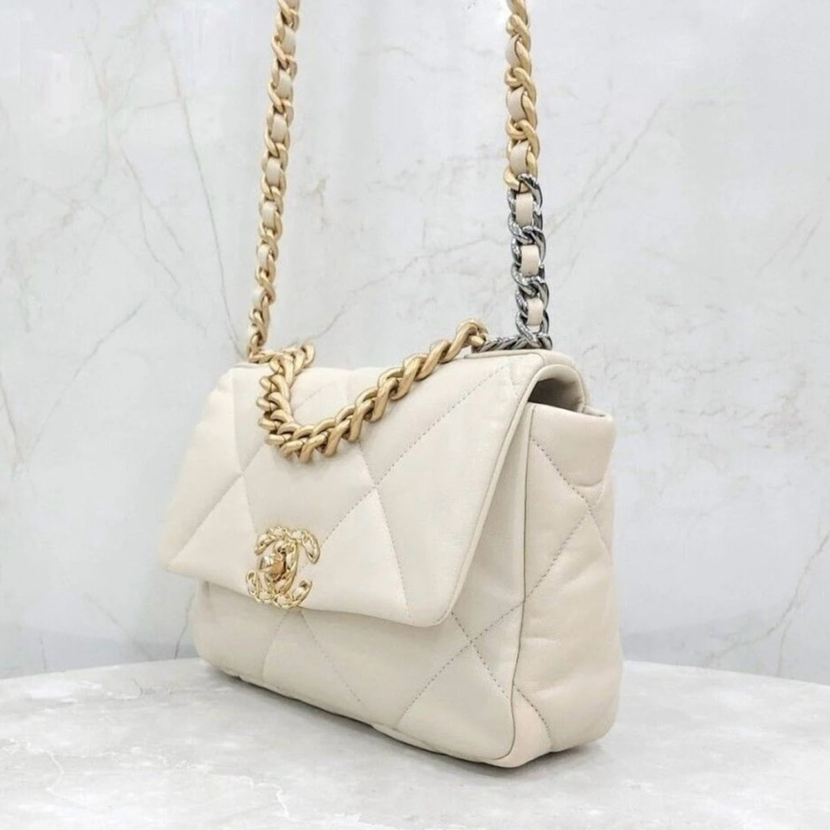 Chanel 19 White Lambskin Leather Medium Flap Bag