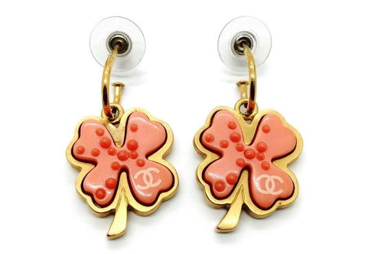 Chanel Gold-Plated & Pink Resin Four-Leaf Clover Drop Earrings Pierced