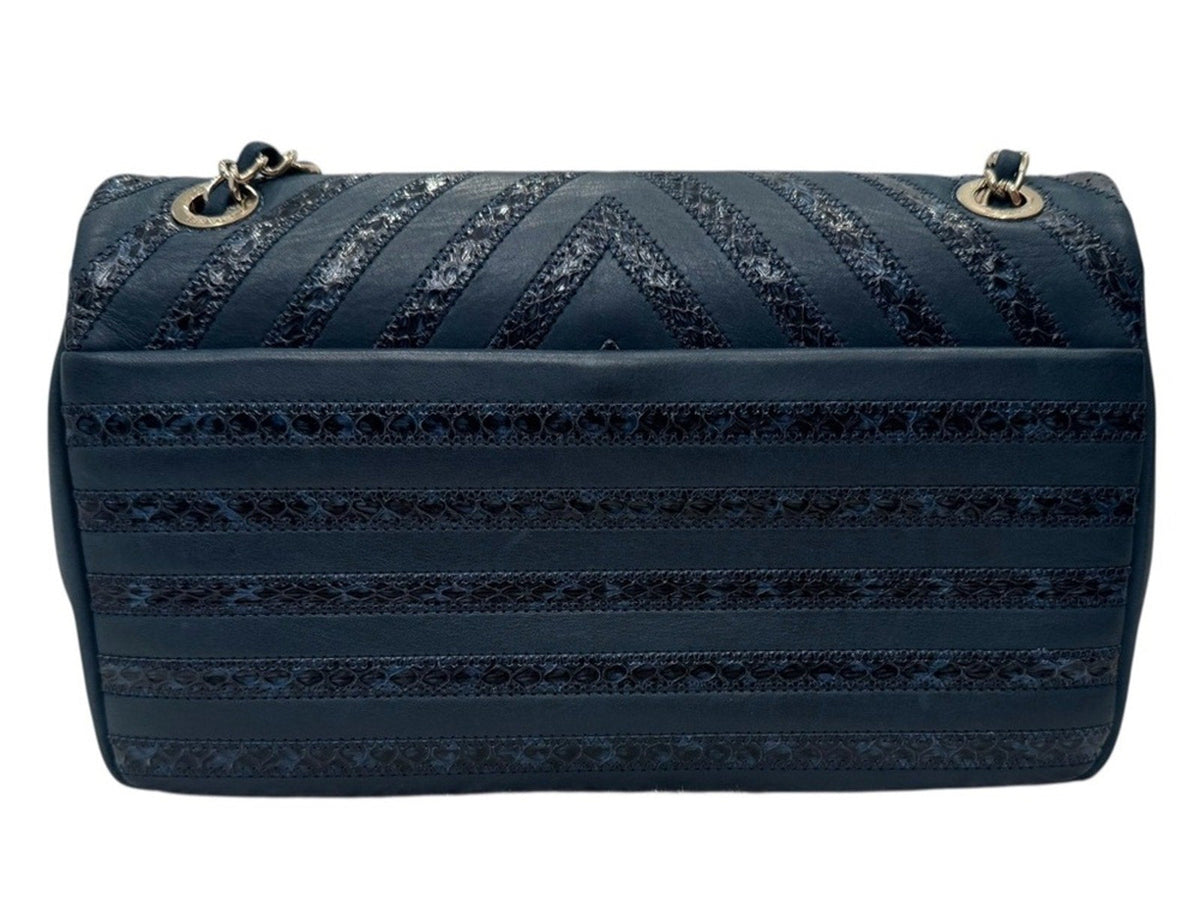 Chanel Navy Leather and Snakeskin Chevron Medium Single Flap Bag