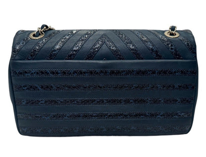 Chanel Navy Leather and Snakeskin Chevron Medium Single Flap Bag