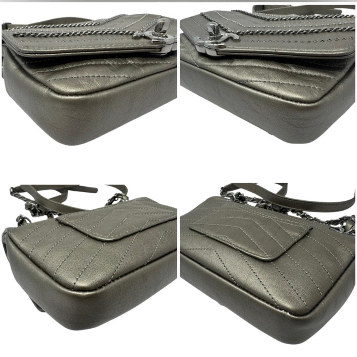 Chanel Metallic Grey Square Mini Flap Bag Chevron Quilted Leather
