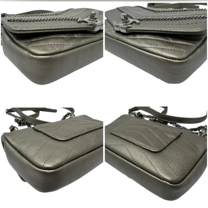 Chanel Metallic Grey Square Mini Flap Bag Chevron Quilted Leather