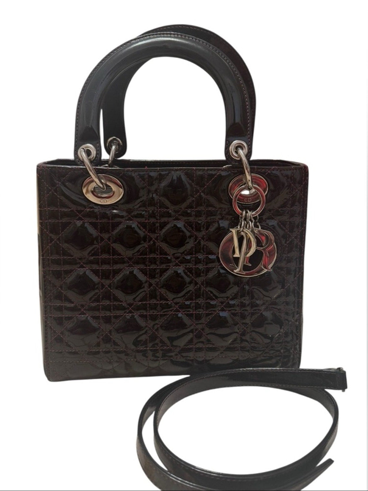 Christian Dior Black Patent/Red Stitching Medium Lady Dior Handbag