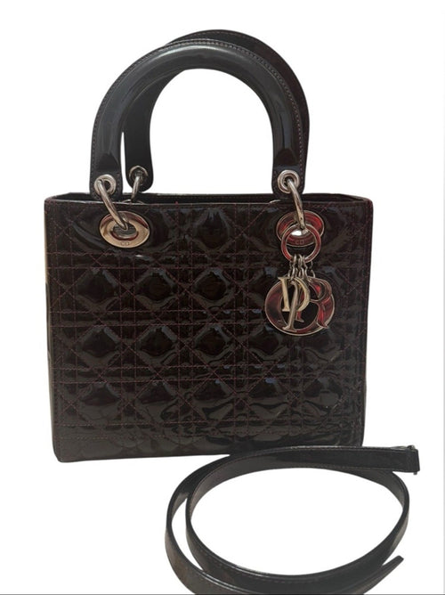 Christian Dior Black Patent/Red Stitching Medium Lady Dior Handbag