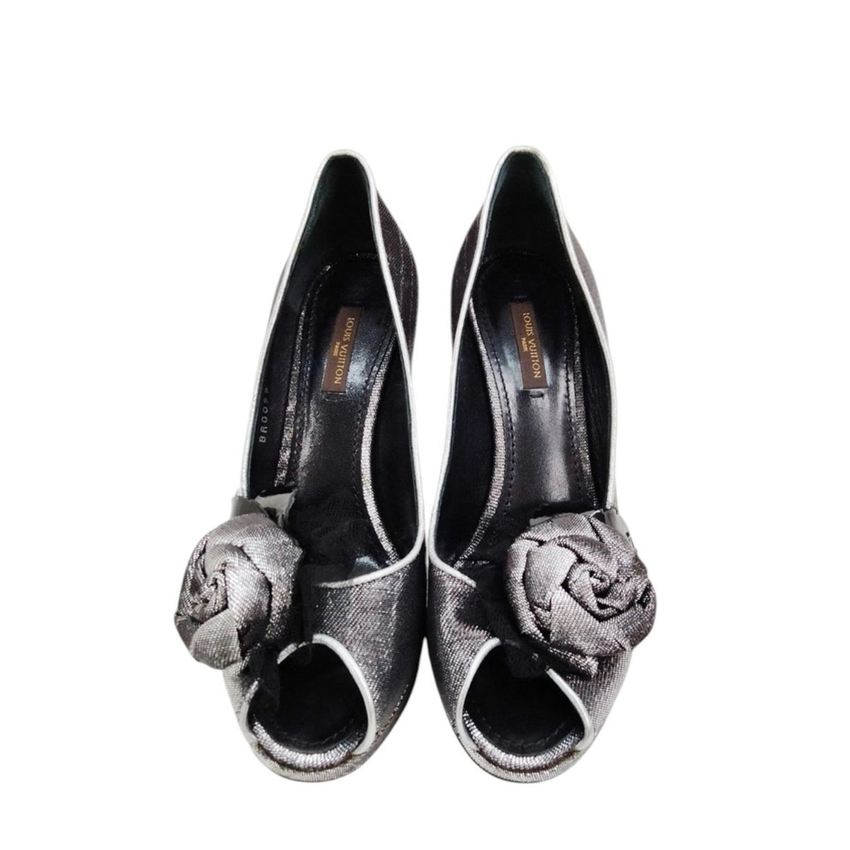 Louis Vuitton Silver and Black Floral Peep-Toe Pumps - Size 36
