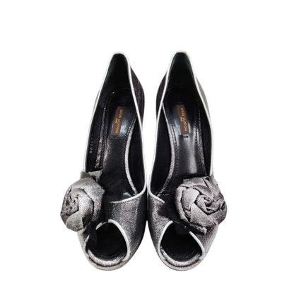 Louis Vuitton Silver and Black Floral Peep-Toe Pumps - Size 36