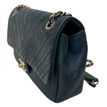 Chanel Navy Leather and Snakeskin Chevron Medium Single Flap Bag