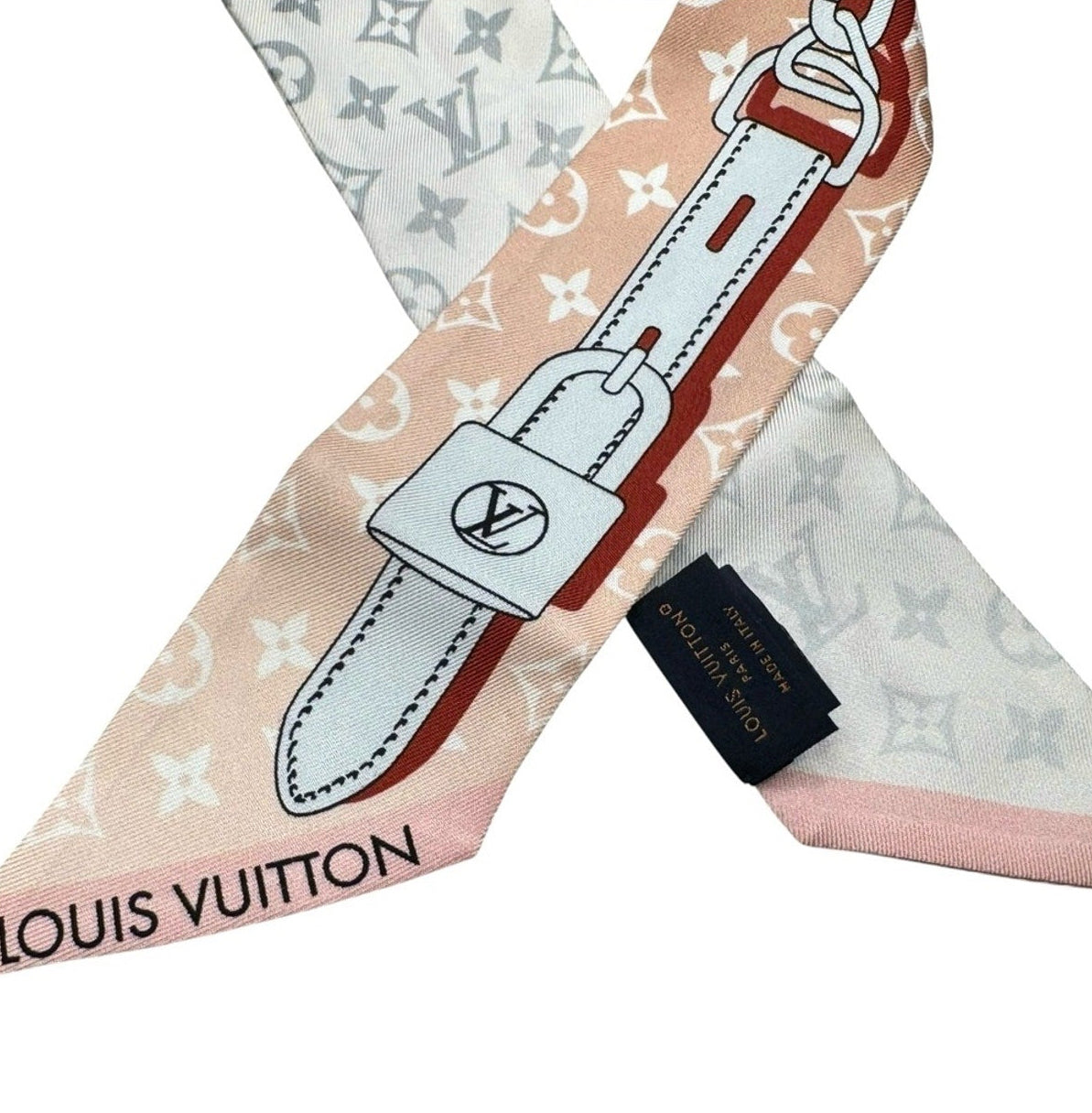 Louis Vuitton Pink, White, & Grey Silk Ultimate Monogram Bandeau BB Twilly