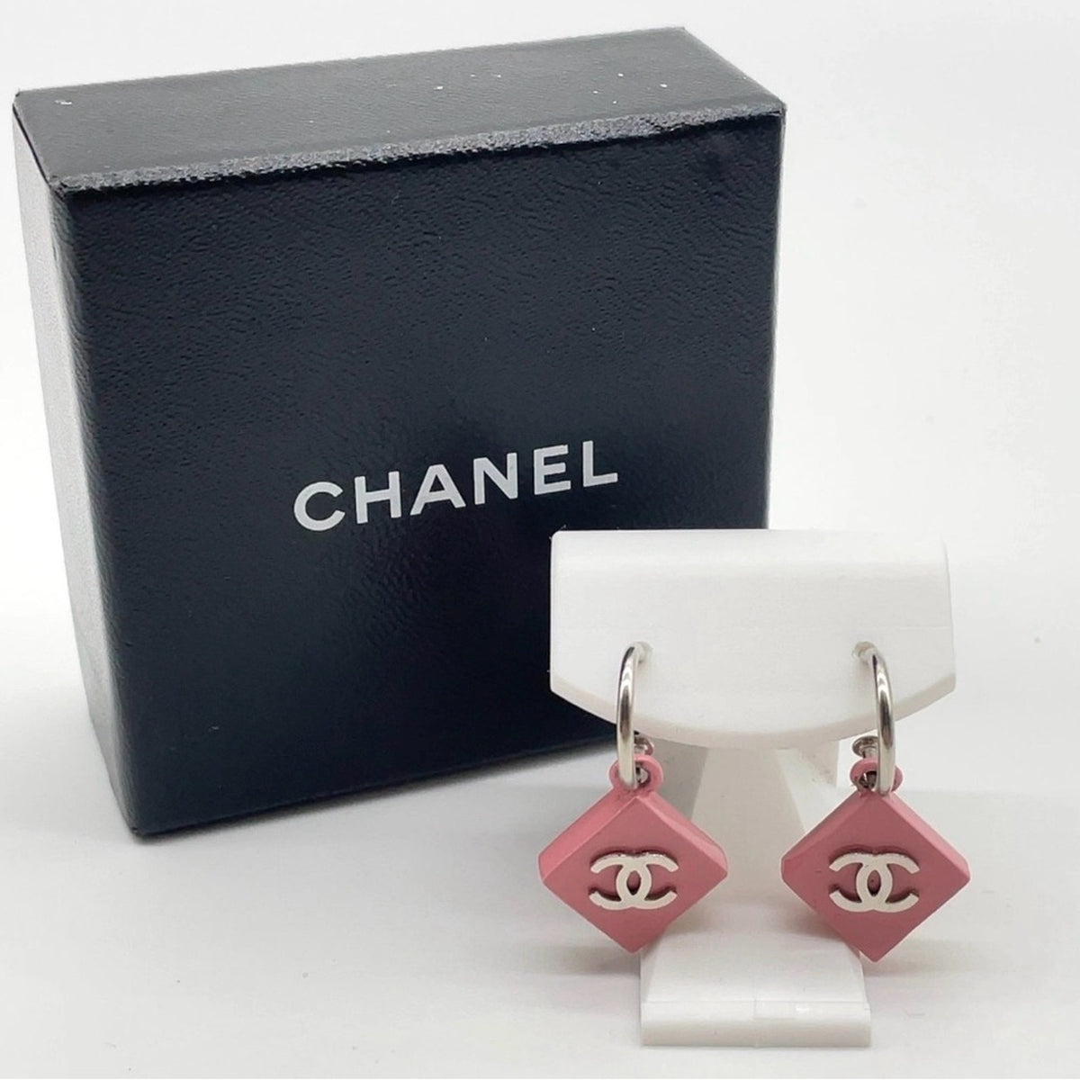 Chanel Pink Enamel and Palladium-Plated CC Pierced Drop Earrings