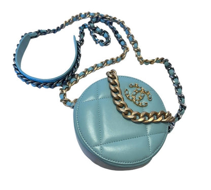 Chanel 19 Teal Lambskin Quilted Round Crossbody Bag