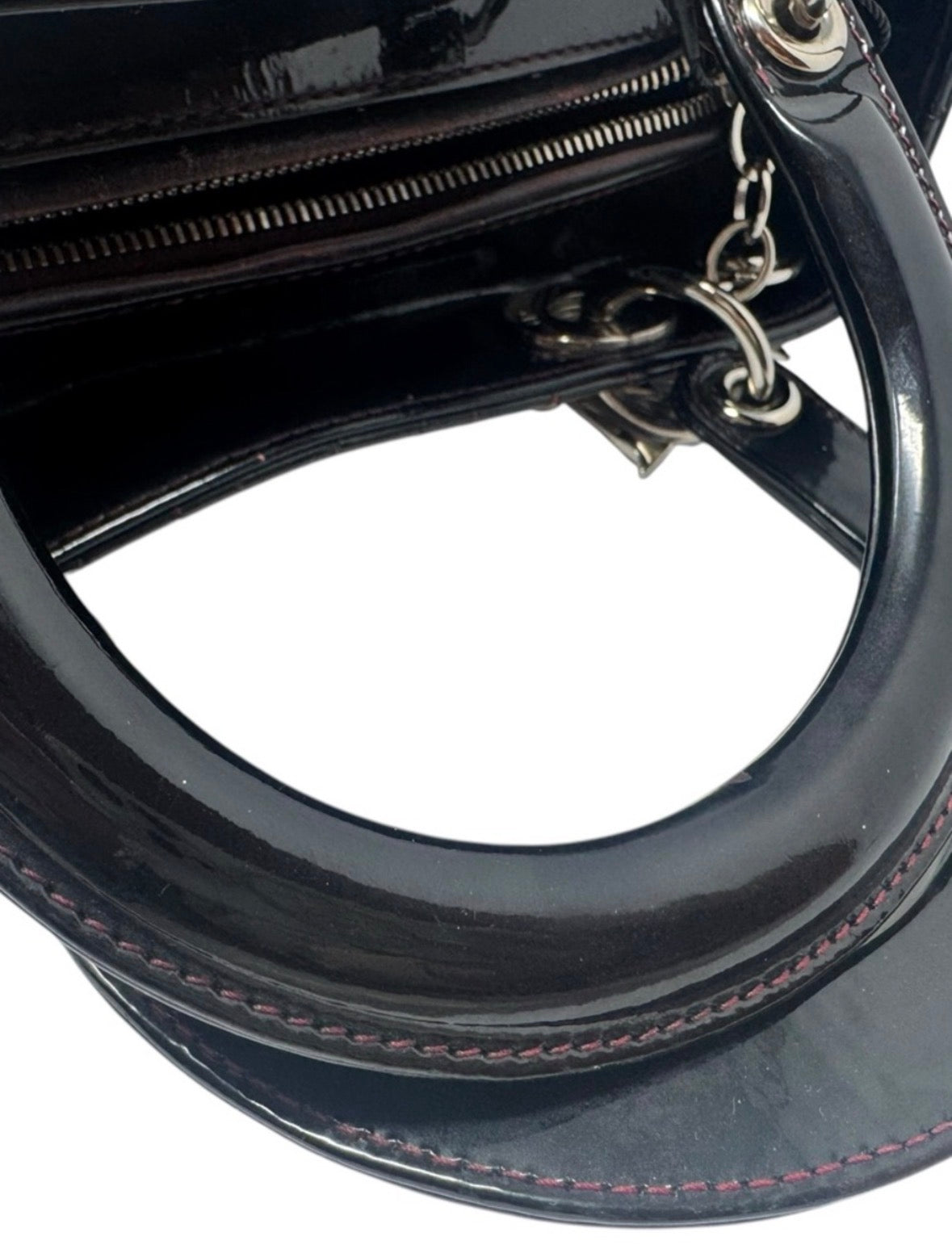Christian Dior Black Patent/Red Stitching Medium Lady Dior Handbag