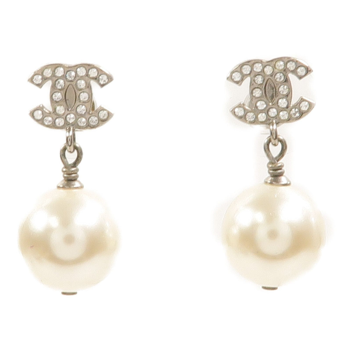 Chanel Silver CC Rhinestone & Faux Pearl Drop Earrings Pierced