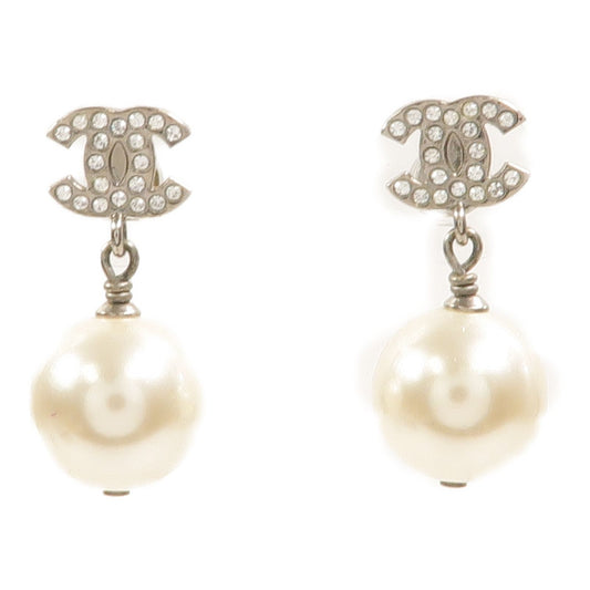 Chanel Silver CC Rhinestone & Faux Pearl Drop Earrings Pierced