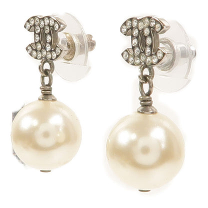Chanel Silver CC Rhinestone & Faux Pearl Drop Earrings Pierced