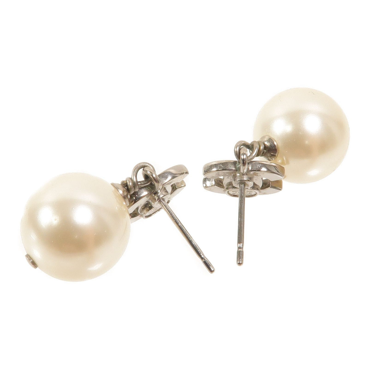 Chanel Silver CC Rhinestone & Faux Pearl Drop Earrings Pierced