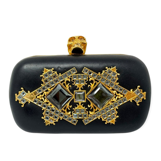 Alexander McQueen Black Leather & Swarovski Crystal Skull Box Clutch