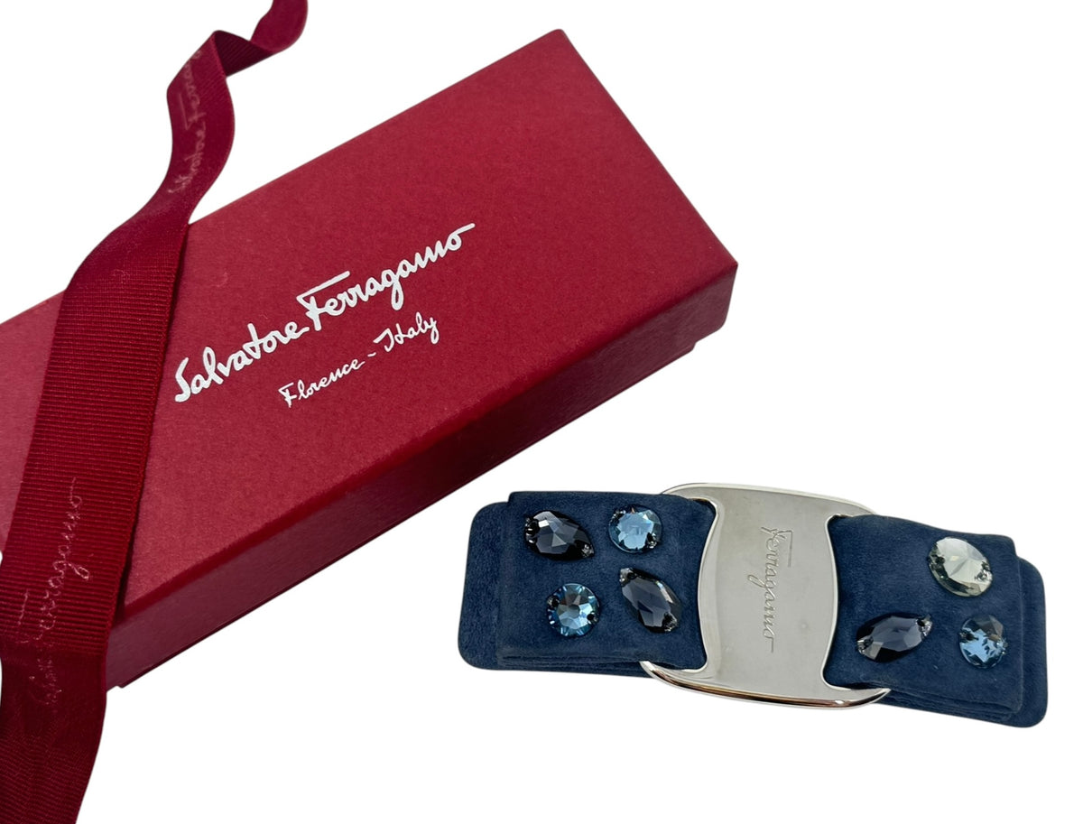 Salvatore Ferragamo Vara Bow Rhinestone Hair Barrette Navy Blue