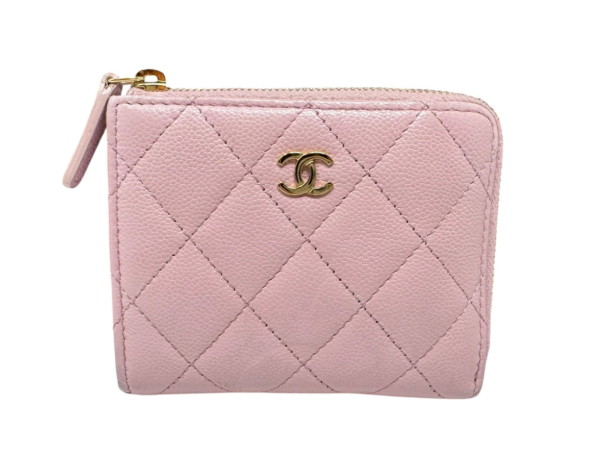 Chanel Pink Caviar Quilted Zip-Around Compact Wallet