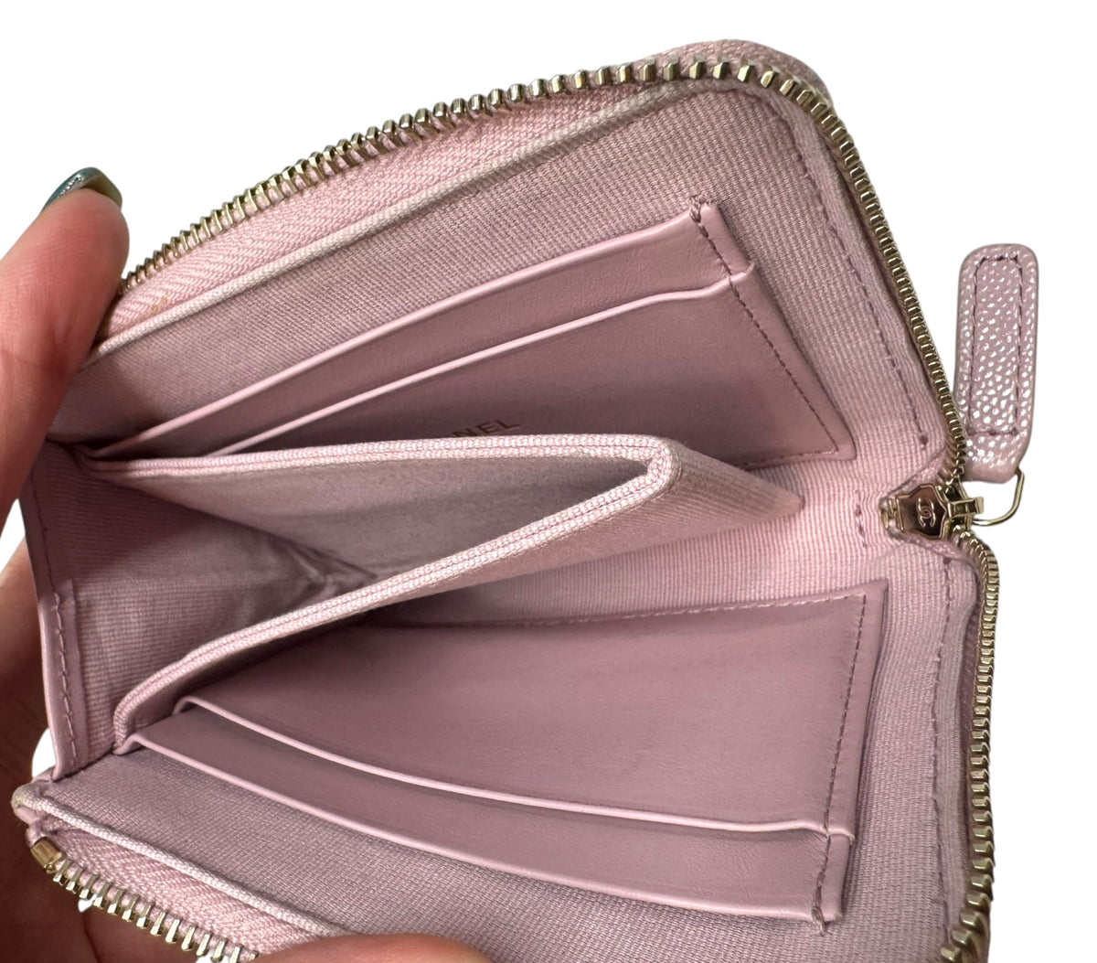 Chanel Pink Caviar Quilted Zip-Around Compact Wallet