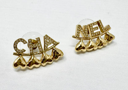 Chanel Gold and Crystal Heart Cha-Nel Logo Earrings Pierced