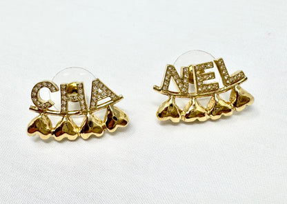 Chanel Gold and Crystal Heart Cha-Nel Logo Earrings Pierced