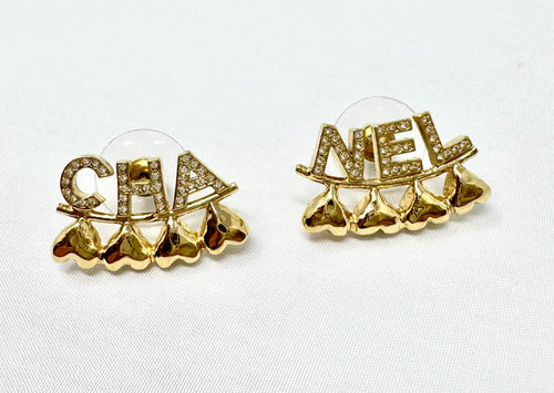 Chanel Gold and Crystal Heart Cha-Nel Logo Earrings Pierced