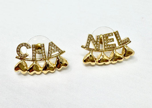Chanel Gold and Crystal Heart Cha-Nel Logo Earrings Pierced