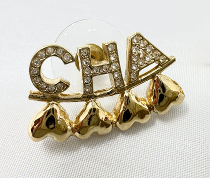 Chanel Gold and Crystal Heart Cha-Nel Logo Earrings Pierced