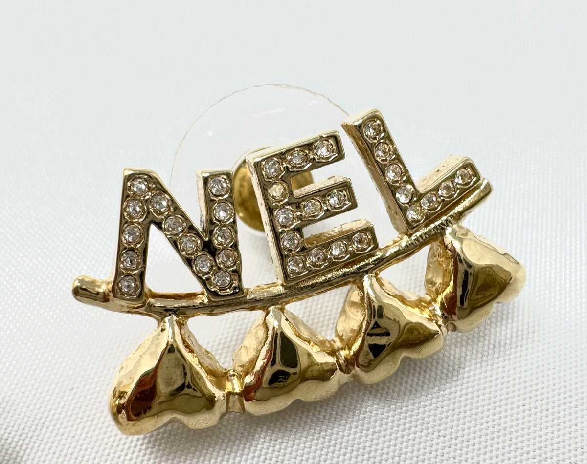 Chanel Gold and Crystal Heart Cha-Nel Logo Earrings Pierced