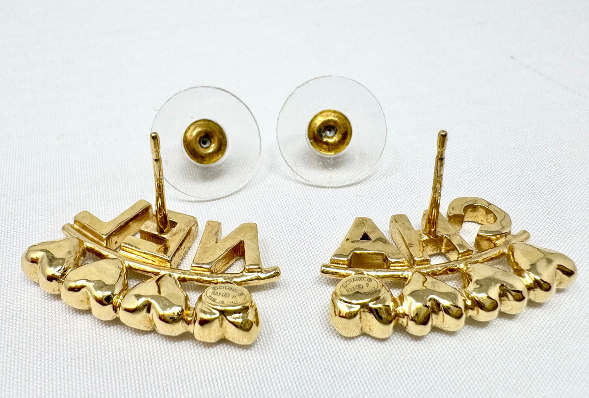 Chanel Gold and Crystal Heart Cha-Nel Logo Earrings Pierced