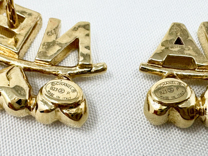 Chanel Gold and Crystal Heart Cha-Nel Logo Earrings Pierced