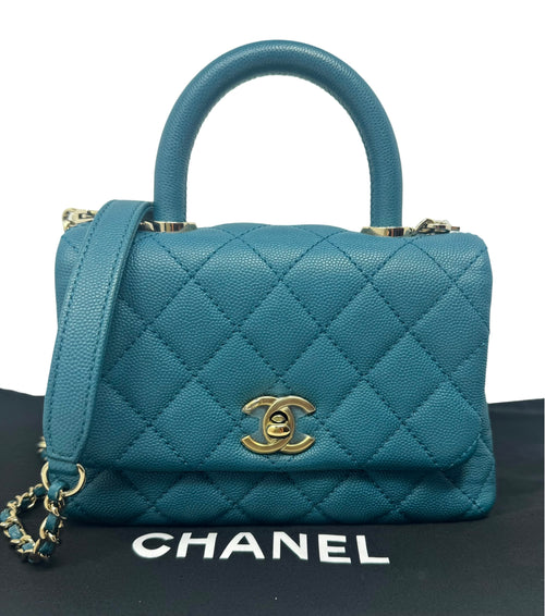 Chanel Caviar Quilted Extra Mini Coco Handle Flap Bag Dark Turquoise Blue