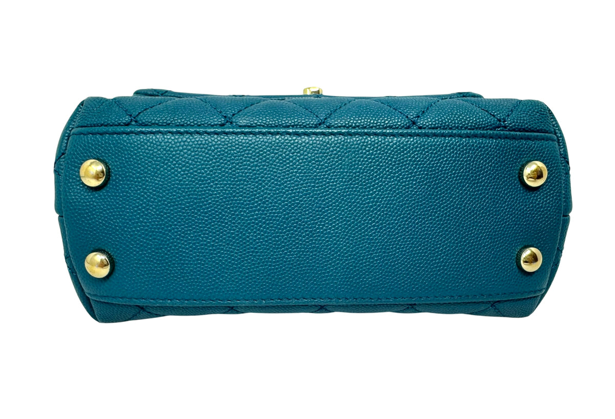 Chanel Caviar Quilted Extra Mini Coco Handle Flap Bag Dark Turquoise Blue