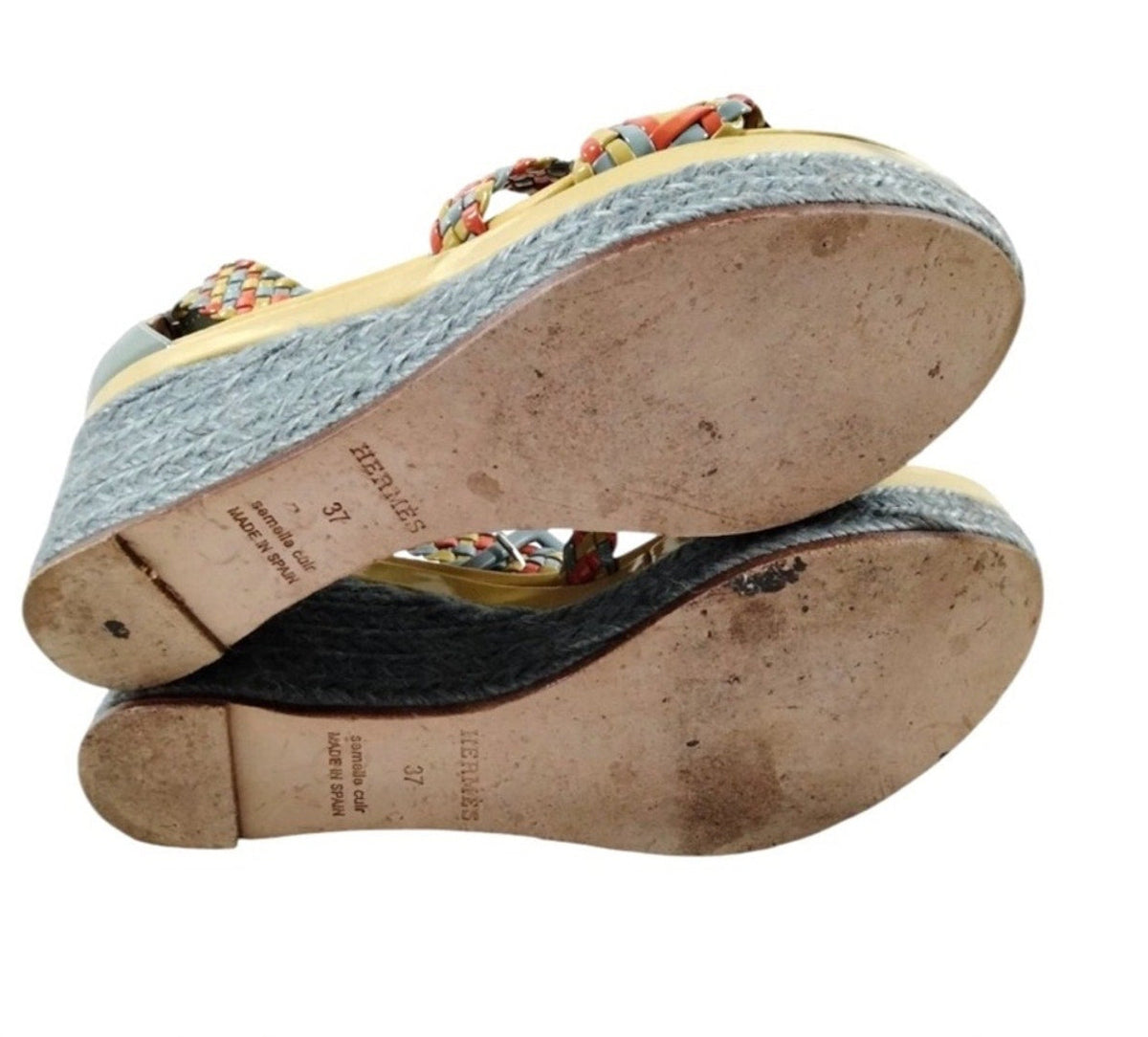Hermes Ines Multicolor Braided Leather Espadrille Wedge Sandals - Size 37