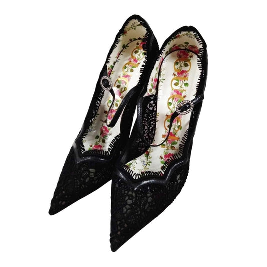Gucci Black Lace Virginia Mary Jane Pumps - Size 36