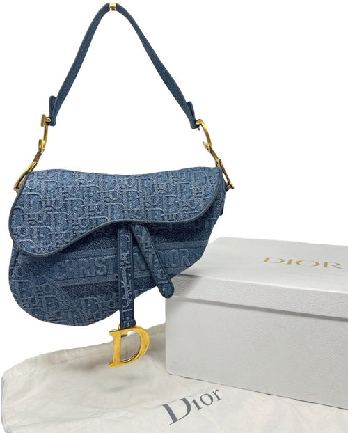 Christian Dior Denim Blue Oblique Embroidered Saddle Bag