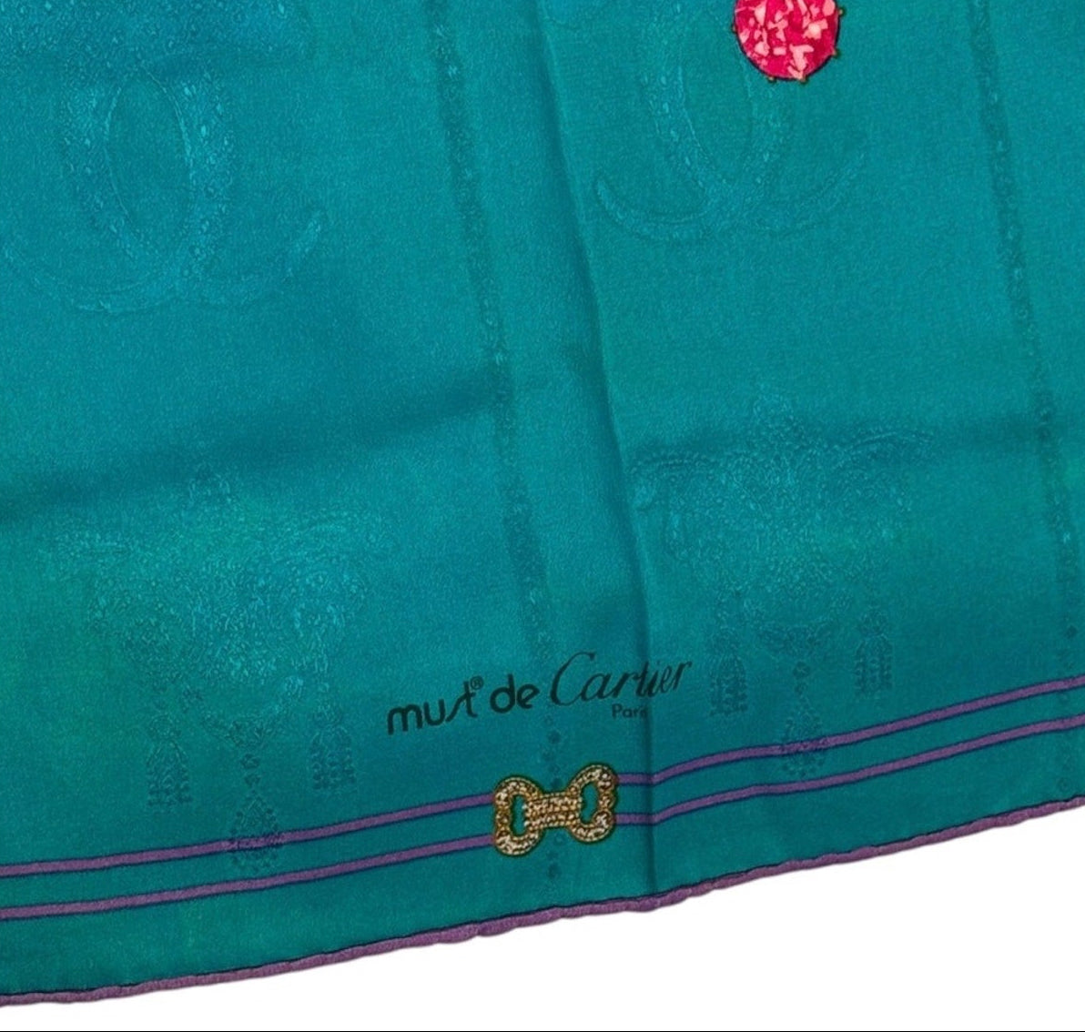 Cartier Teal “Collection of Brooches” Jewel-Embellished Silk Scarf