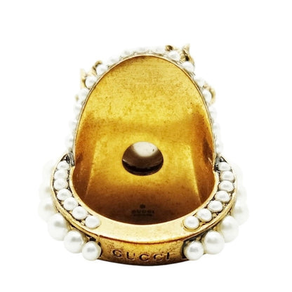 Gucci Cocktail Ring Gold Toned Faux Pearl Flower - Size 5