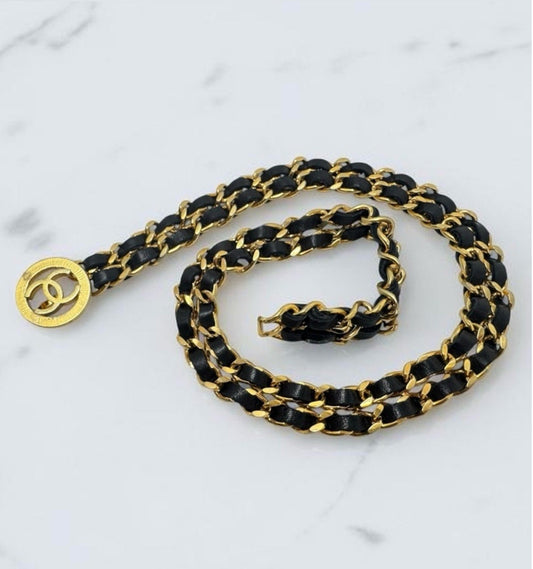 Chanel Black Leather Woven Gold-Plated Belt