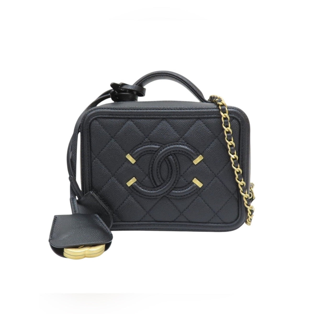 Chanel Black Quilted Caviar Leather CC Filigree Vanity Case Small